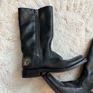 Frye Western Distressed Look Square Toe Midi Leather Zipper Boots Black 9